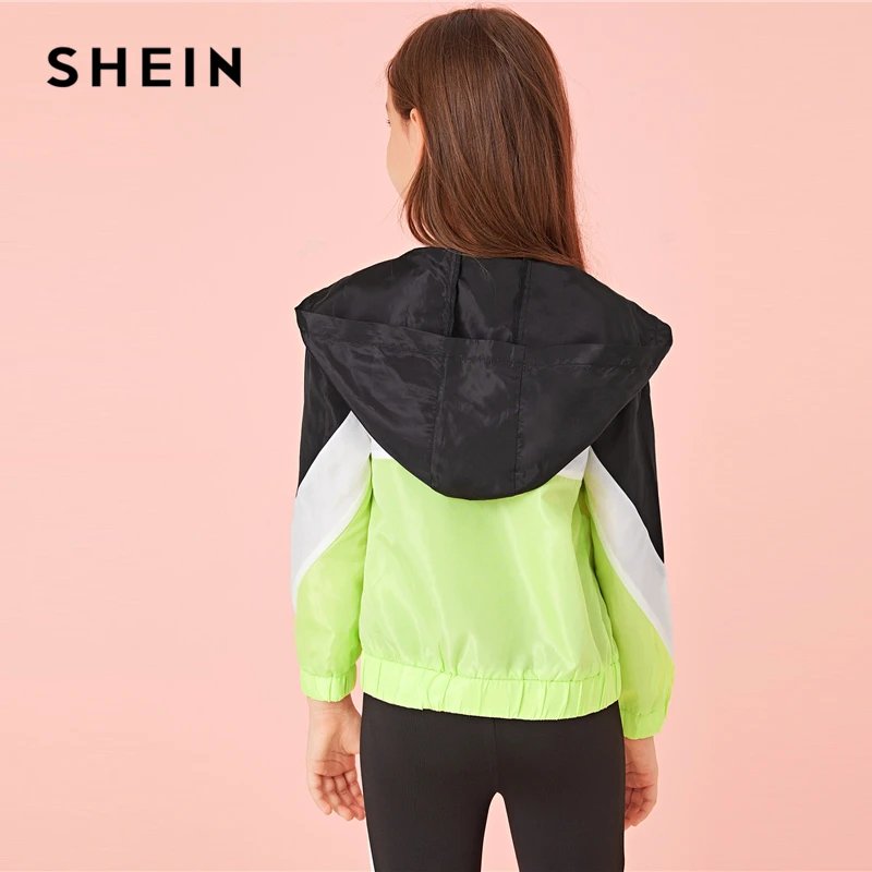 SHEIN Kiddie/ветровка с капюшоном и молнией спереди для девочек, пальто осенняя одежда для активного отдыха для подростков г. Куртки с цветными блоками