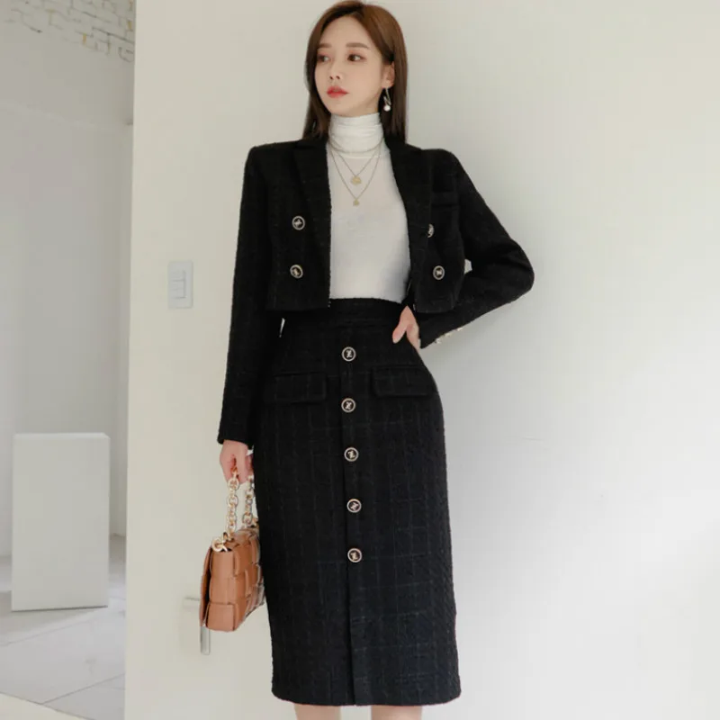 2020 Korea Winter Suits Notched Wool Blend Outerwear Coat Bodycon Pencil Midi Skirt Plaid Two Piece Office Suit Sets