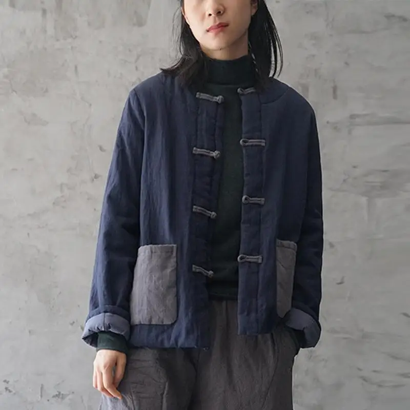 Johnature New Retro Plate Buckle Patchwork Pockets Cotton Linen Warm Cotton Coat Winter Solid Color All-match Women Coats - Цвет: Синий