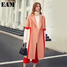 [EAM] свободное приталенное шерстяное пальто контрастных цветов с разрезом большого размера, парки, новинка, длинный рукав, женская мода, Осень-зима, 1K900