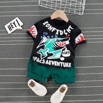 

2020 Summer Boy Casual Children's Clothing Suit Short Sleeve T-shirt Shorts 2 Piece Set Cartoon Shark In Kids Clothes