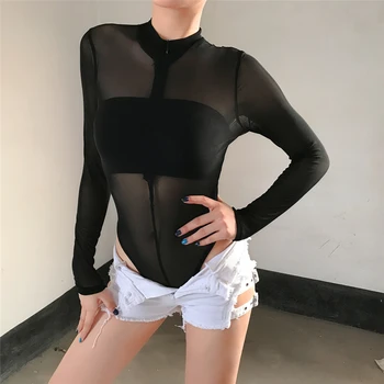 

Autumn Black Mesh Lace Bodysuit Women Solid Deep V Neck Sexy Bodysuit Zipper Jumpsuit Overalls 2019 Femlae Body