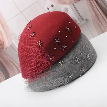 

Brand Women Mesh Beret Cap Rhinestone Star Rivet Bead Fedoras Pure Wool Felt Stewardess Cap Elegant Ladies Winter Spring Beret