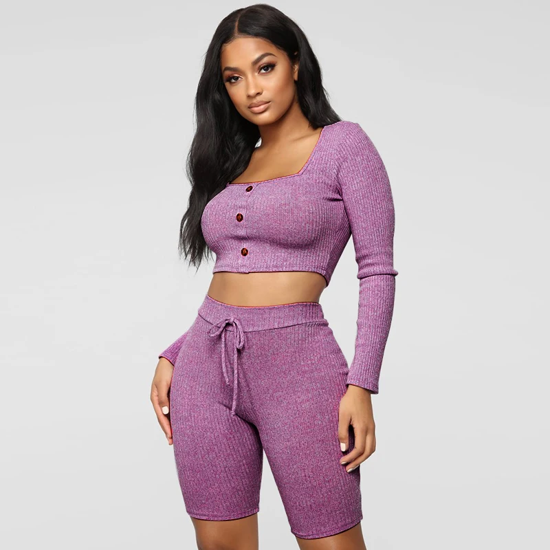 

Goocheer Crop Tops Women Shorts 2-Pieces Set Square Collar Solid Elastic Slim Solid Buttons Casual Streetwear Sexy Summer Sets