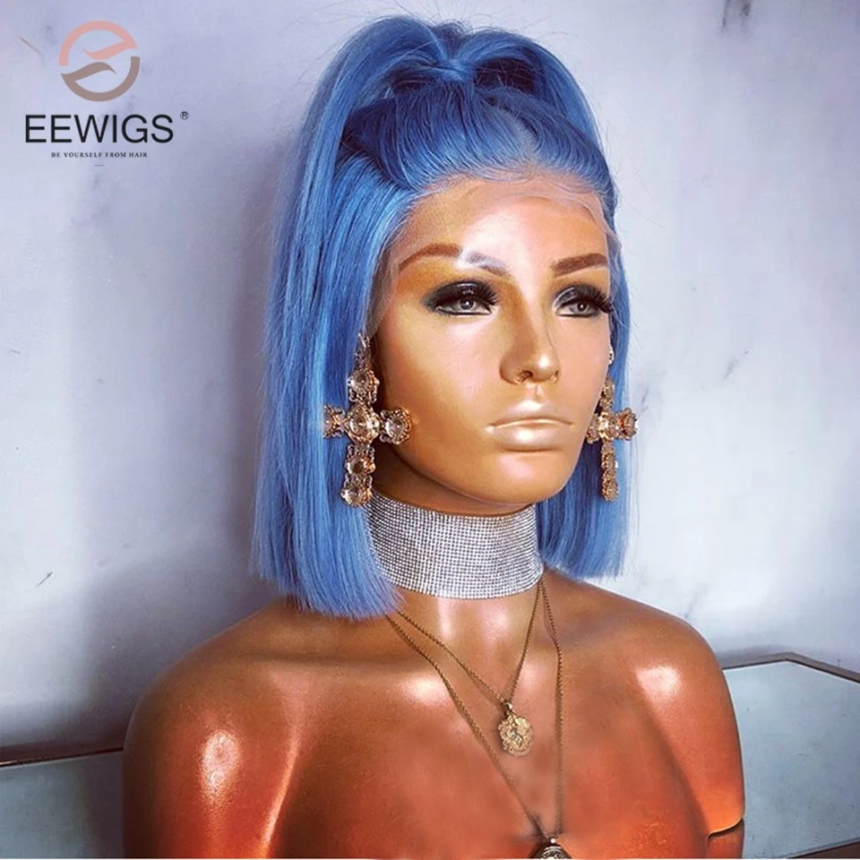 EEWIGS короткий синий парик термостойкий синтетический парик фронта шнурка 12 дюймов высокая температура волокна волос короткий боб парики для черных женщин