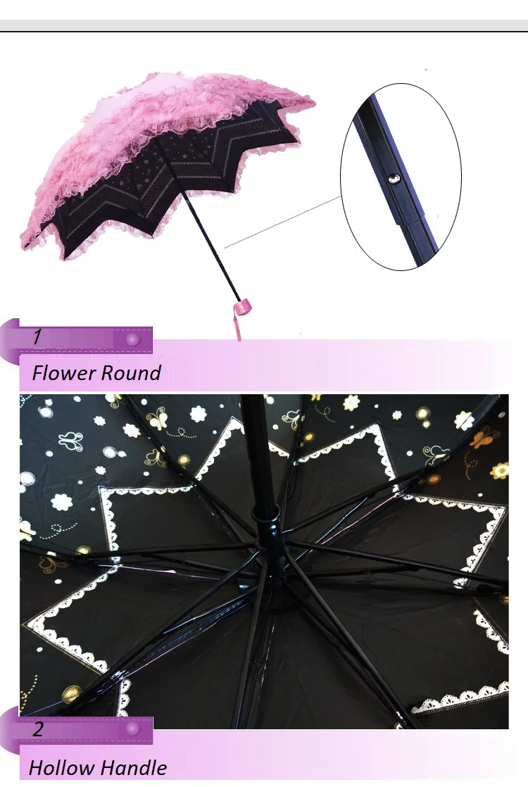 Розовый цвет, теплая серия, зонтик от дождя, Южная Корея, принцесса, арочный, солнцезащитный, кружевной, черный, пластиковый, УФ, солнцезащитный, Солнцезащитный