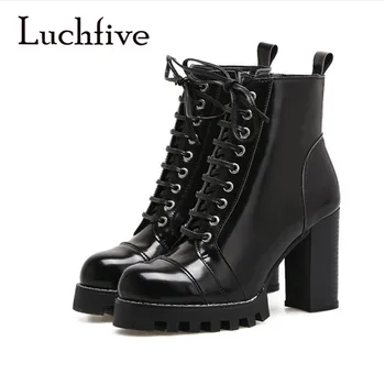 

Super High Heel Platform Ankle Boots Designer Fashion Black Patent Leather Lace Up Motorcycle Boots Winter Shoes Women