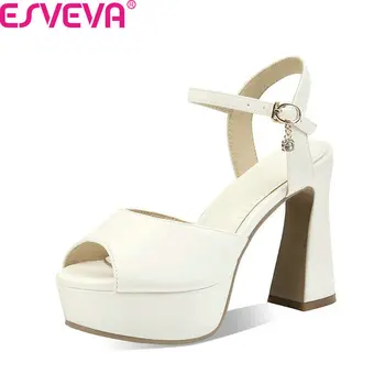 

ESVEVA 2020 PU Leather Platform Zipper Ladies Pumps Buckle Peep Toe Sexy Sandals Square High Heel Summer Women Shoes Size 34-42