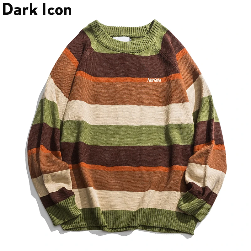 Темный значок Радужный полосатый свитер для мужчин осень зима Джемперы вязаный свитер корейский стиль мужской свитер
