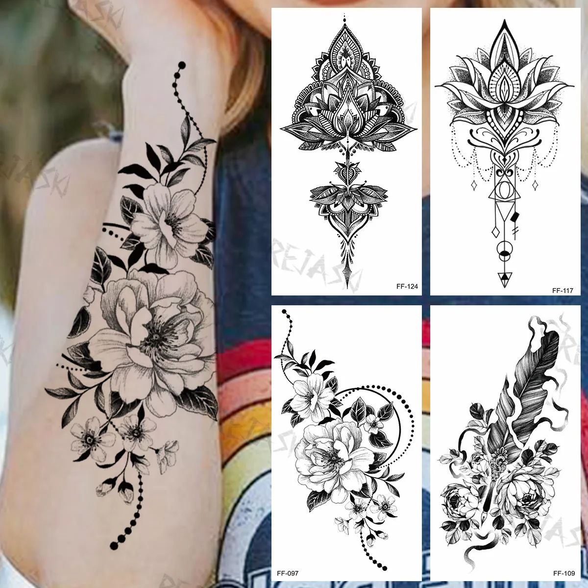 

Black Peony Temporary Tattoos For Women Girls Realistic Feather Henna Pendant Fake Tattoo Sticker Waterproof Arm Tatoos Neck