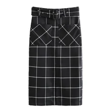 Женская элегантная клетчатая юбка миди с поясом на молнии сзади, с карманами, деловая одежда, юбки до середины икры, FFZBQ99