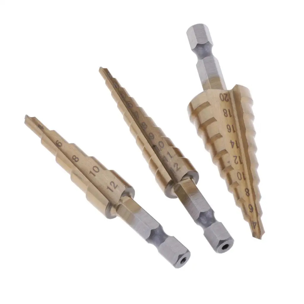 3 Pieces Step Drill Bits Cone Cutt Toos Woodworking Metal Titanium HSS Step Drill Bit 3-12/4-20/12mm