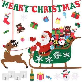 

Behogar Christmas Decorations Kids DIY Felt Santa Claus on Reindeer Sleigh Ornaments with Banner for Xmas Party Gifts Supplies