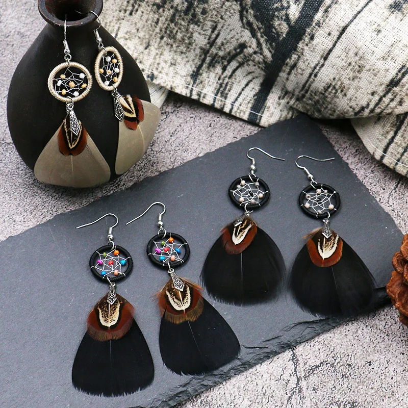

New fashion retro feather earrings beads net catcher net eardrops popular celebrity style earring accessories