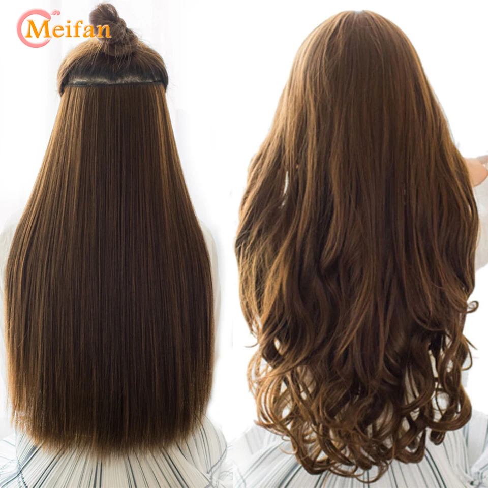 MEIFAN, 60 см, длинные прямые/кудрявые волосы для женщин, 5 клипов, для наращивания волос, термостойкие синтетические шиньоны, коричневый, черный