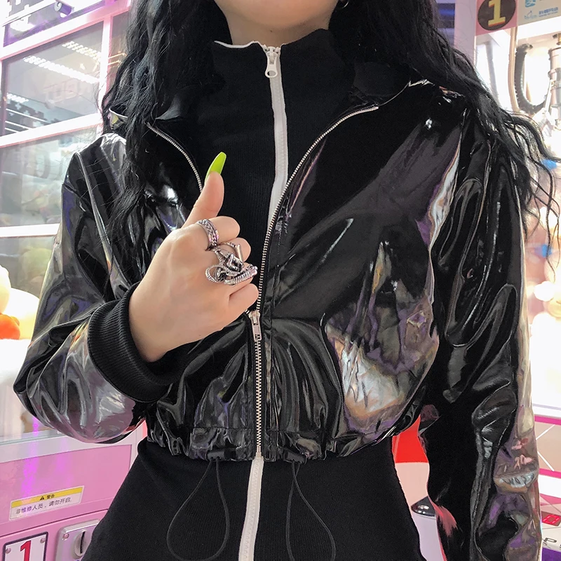 Darlingaga Streetwear Motorcycle PU Leather Jacket Women Zipper Hooded Autumn Winter Jackets Coats Drawstring Cropped Outerwear