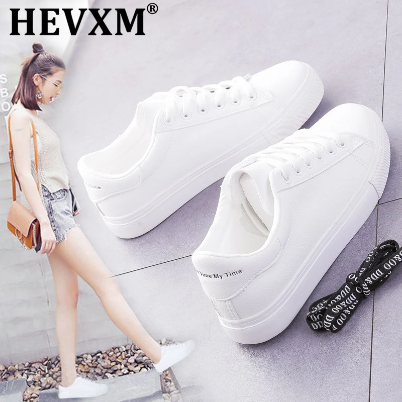 Zapatillas de deporte vulcanizadas transpirables para mujer, zapatos de plataforma de cuero Pu, informales con cordones, color blanco, 2021