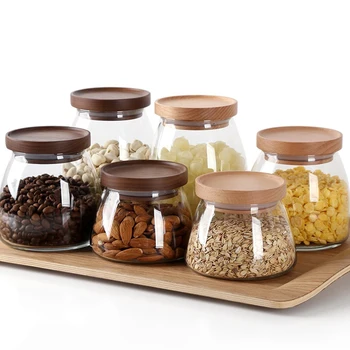 

Large/Small Glass Food Storage Container/Canisters with Airtight Wooden Lid for Preserving Kitchen Tea Coffee Sugar Storage Jars