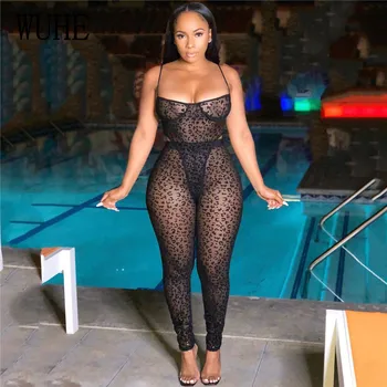 

WUHE Women Two Piece Matching Sets Print Mesh Halter Rompers High Waist Bodycon Sexy Hollow Out See Throgh Club Party Jumpsuits