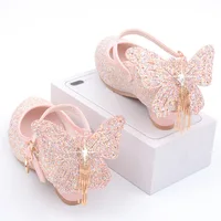 New Kids Leather Shoes Fashion Fringed Butterfly Knot Girls Princess Shoes Casual Glitter Children High Heel Student Dance Shoes 3
