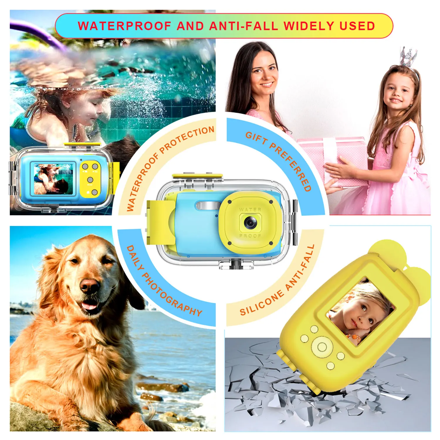 Mini Kids Digital Camera Action Camcorder 5MP 2.0 Inch TFT Display Continuous Shot with Waterproof Case and Protective Case