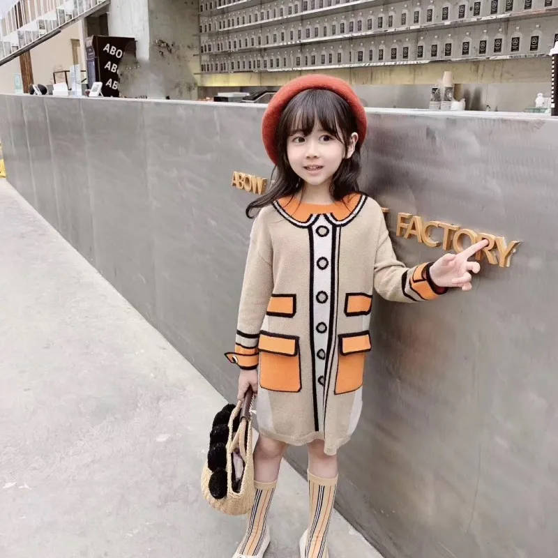 

2019 New Brand Girls Kids Khaki&Black Woolen Dress Clothes Woolen Tops for Children Autumn Winter Thermal Clothing Dress