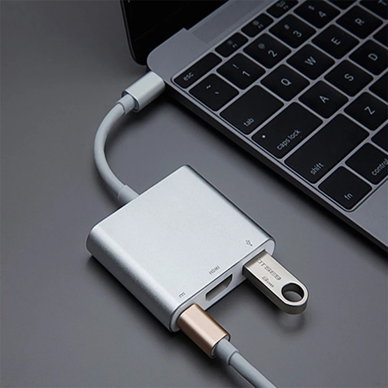 

New Type C USB 3.1 to USB-C 4K HDMI USB 3.0 Adapter 3 in 1 Hub For Apple Macbook gray #8