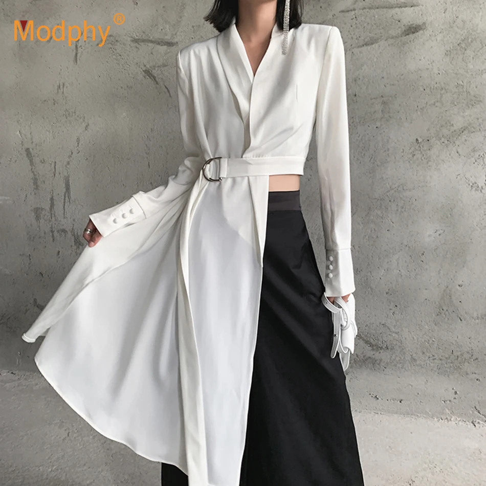 Winter Winter New V-Neck Long-Sleeved White Button Belt Solid Color Irregular Shirt Blouse Fashion Tide
