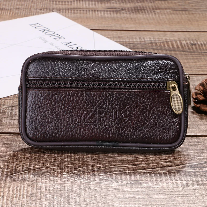 

New Hot Selling Men's Leather Single Double Layer Mobile Phone Waist Bag 4-7 Inch Horizontal Zipper Leather Belt Mobile Phone