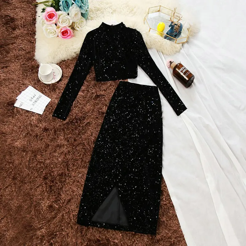 

2020 spring new women o-neck sequined velvet shirt + high waist split bling bag buttocks long skirt suit female two piece set