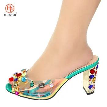 

Green High Quality African Women Slippers Shoe Summer Fashion High Heels Shoes Decorate with Rhinestones For Party Wedding Dress