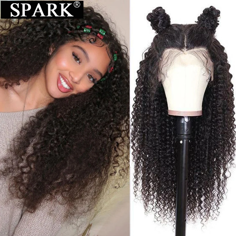SPARK 4x4 Lace Closure Kinky Curly Human Hair Wigs 28 30inch 180% Density Brazilian 13x4 Transparent Lace Front Human Hair Wig
