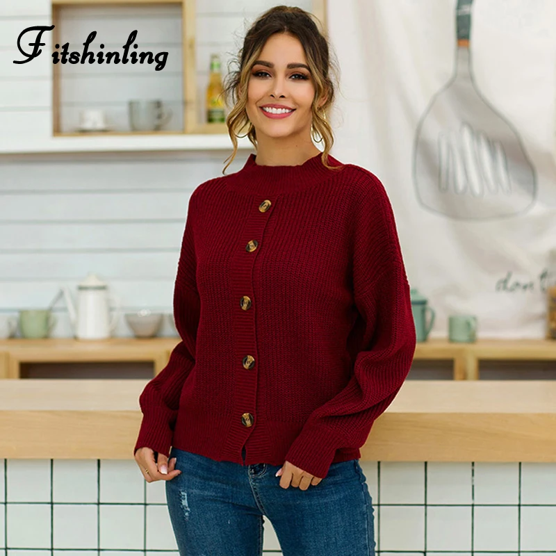 

Fitshinling Buttons Up Women's Winter Sweater 2019 Boho Half Turtlenecks Sweaters Pullovers Long Sleeve Knit Jumper Pull Femme