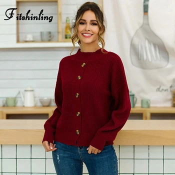 

Fitshinling Buttons Up Women's Winter Sweater 2019 Boho Half Turtlenecks Sweaters Pullovers Long Sleeve Knit Jumper Pull Femme