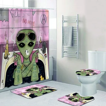 

4pcs/set Trippy Alien Smoke and Chill in Bath Shower Curtain Bathroom Curtains Set Funny Alien Weed Toilet Rug