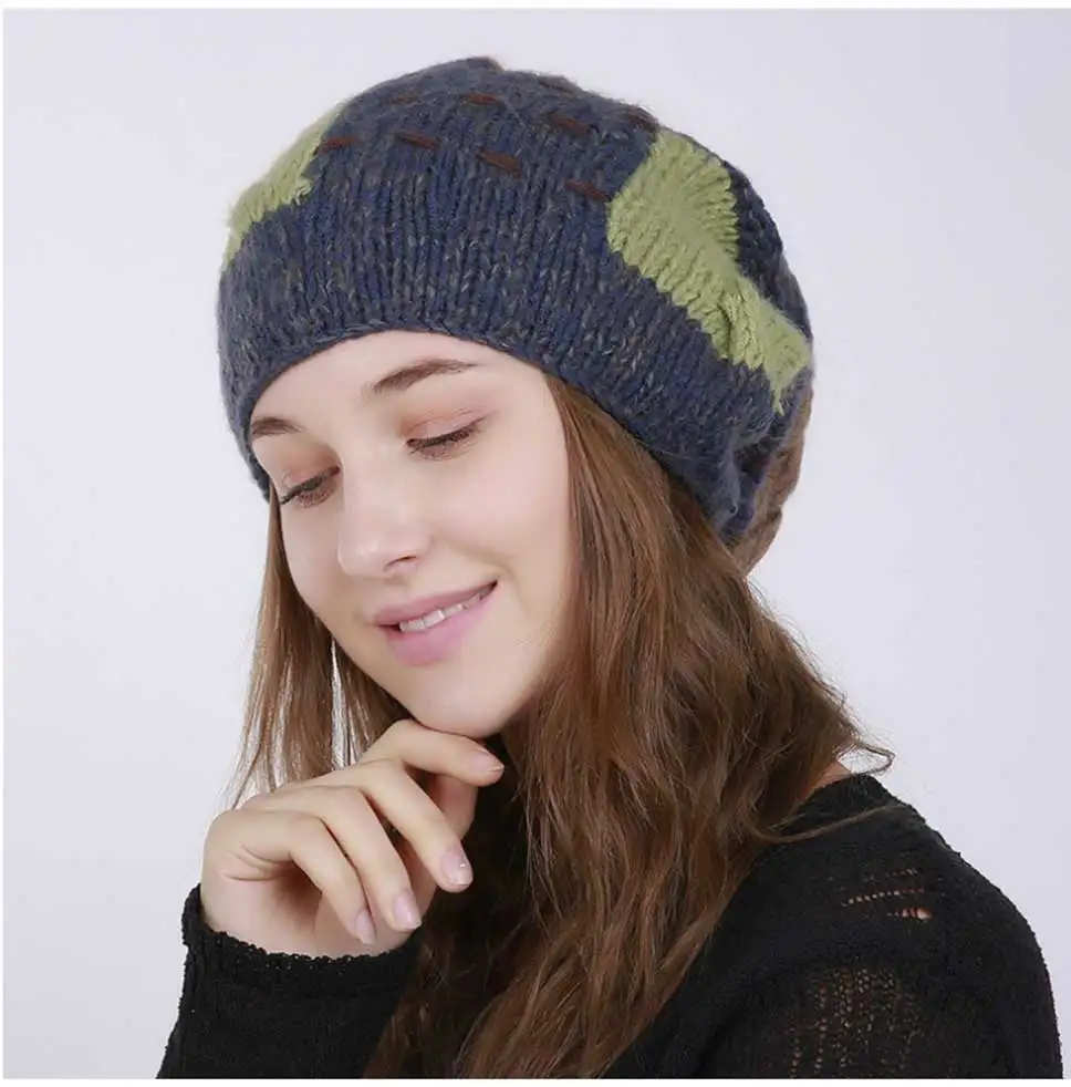 BEFORW Fall Women Vintage Splice Knit Rabbit Hair Pom Pom Beanie Hat Winter Slouchy Warm Beanies Hats