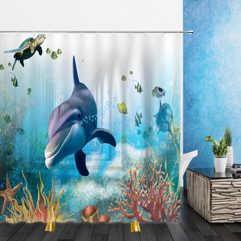 

Ocean theme Shower Curtain Dolphin Tortoise Tropical Fish 3D Print Waterproof Bath Curtains Bathroom Bathtub Bathing 12pcs Hook