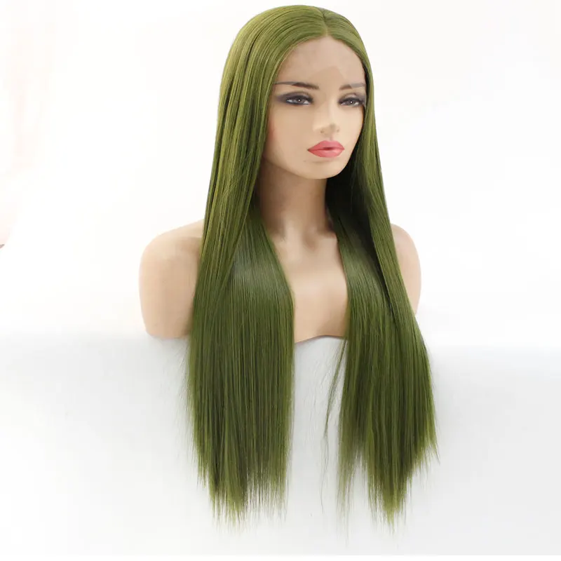 Living Green Long Silky Strtaight Synthetic Lace Front Wig Heat Resistant Fiber Middle Part Natural Hairline For Women Girls Wig