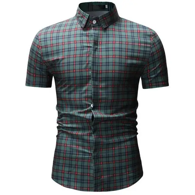 Men's plaid pocket shirt new design men's slim short sleeve dress shirt casual men's shirt Chemise Homme Camisa Social XXXL - Цвет: YS18 green