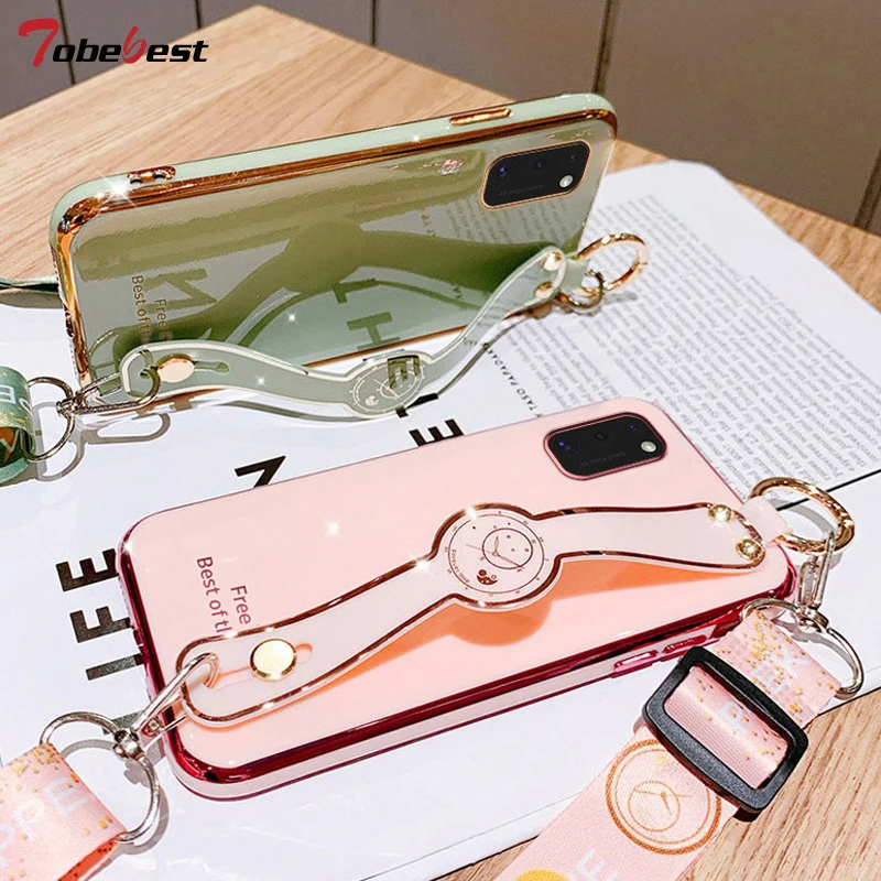 Lanyard Wrist Strap Hand Band Plating Silicone Case For Samsung Galaxy A02 A02S A03S Coque Soft TPU Back Cover samsung silicone case