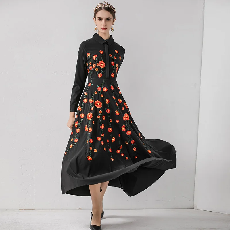 

HUAYIMENGYI France Style Vintage Embroidery Flower Black Dresses Full Sleeve Lapel Elegant Temperament Women Long Party Dress