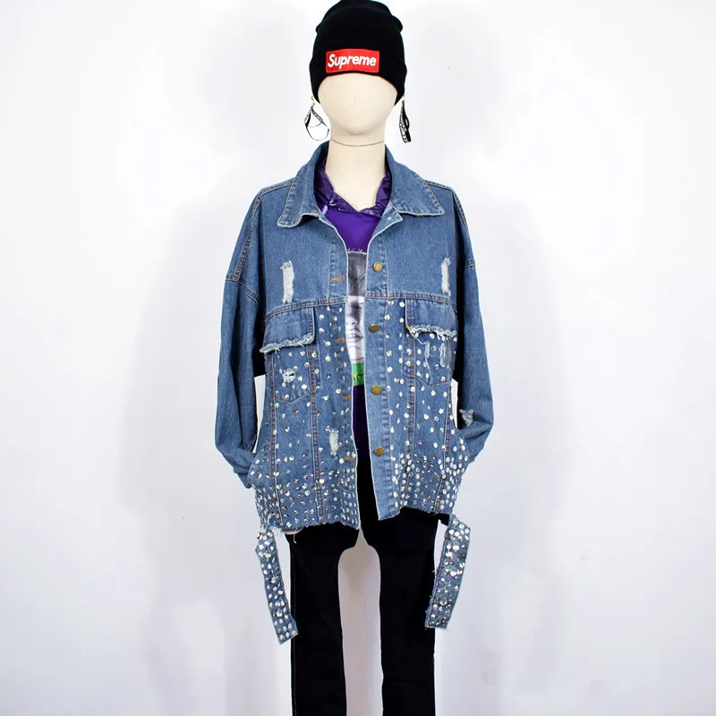 New  Women Sequins Denim Jacket Ripped Basic Jacket Hip Pop Design Long Sleeves Coats Rhinestone Streetw