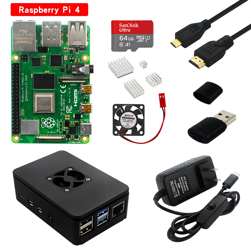 Raspberry Pi 4 Model B Kit 2 ГБ/4 ГБ ОЗУ плата + радиатор чехол 32/64 SD карта HDMI кабель источник