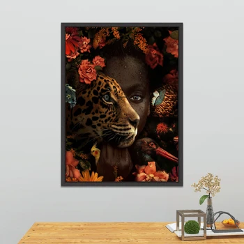 

African Art Black Woman and Tiger Rose Bird on Canvas Painting Modern Fashion Poster and Prints Wall Art Picture for Living Room