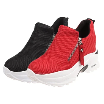 

Fashion Black Wedge Sports Shoes Woman 2020 Round Head Pure Color High-Top Muffin Sneakers Female Zipper Red Increase Shoe Women
