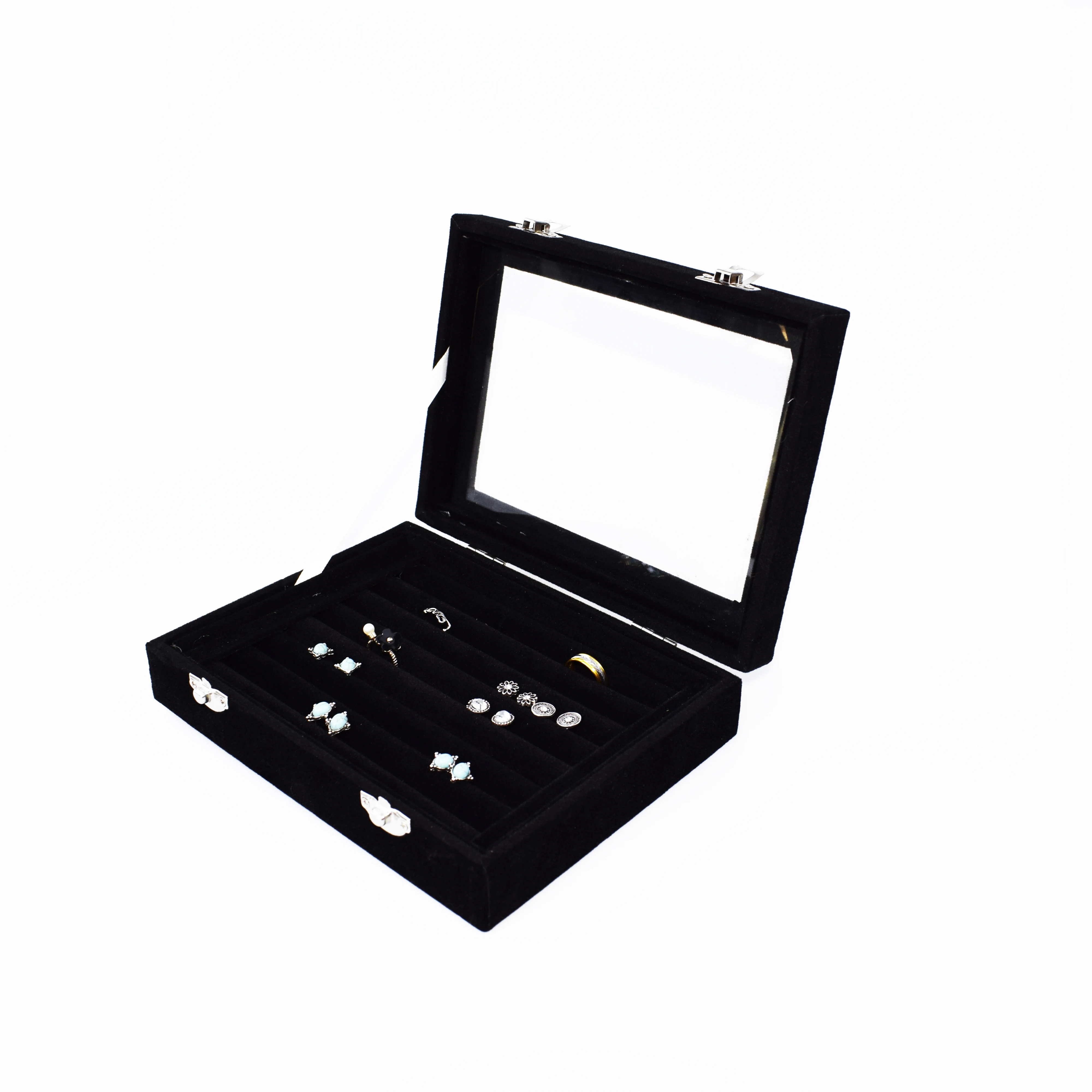 Black 7 Slots Velvet Display Case Box Earring Ring Organizer Jewelry Tray  Cufflink Storage Showcase with Clear Glass Lid|Jewelry Packaging & Display|  - AliExpress