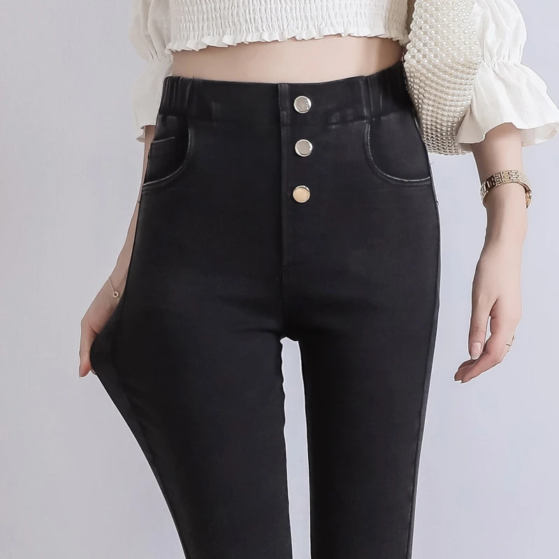 

High Waist Jeans Women Plus Size single row Button Elastic Waist Full Length Skinny Mom Jeans Denim pencil pant