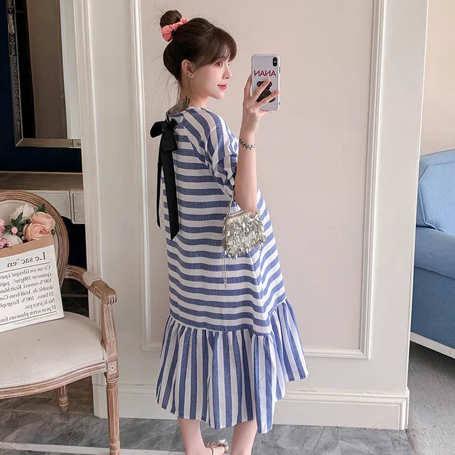 9018# 2021 Summer Navy Blue Striped Maternity Long Dress Lovely Korean Fashion Loose Clothes for Pregnant Women Pregnancy 2