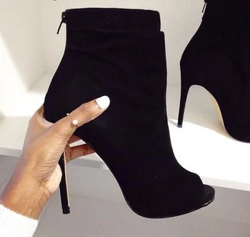 

Fashion Design Women Open Toe Black Suede Leather Back Zipper-up Ankle Boots Thin Heel Classical High Heel Short Boots