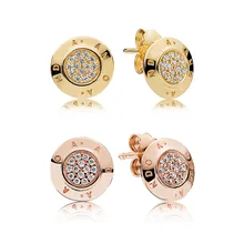 Новейшая модель, оригинальные серьги Pandoral из стерлингового серебра 925 пробы с монеткой и круглым сердцем, серьги из розового золота с кристаллами и логотипом, серьги-гвоздики для женщин, подарок